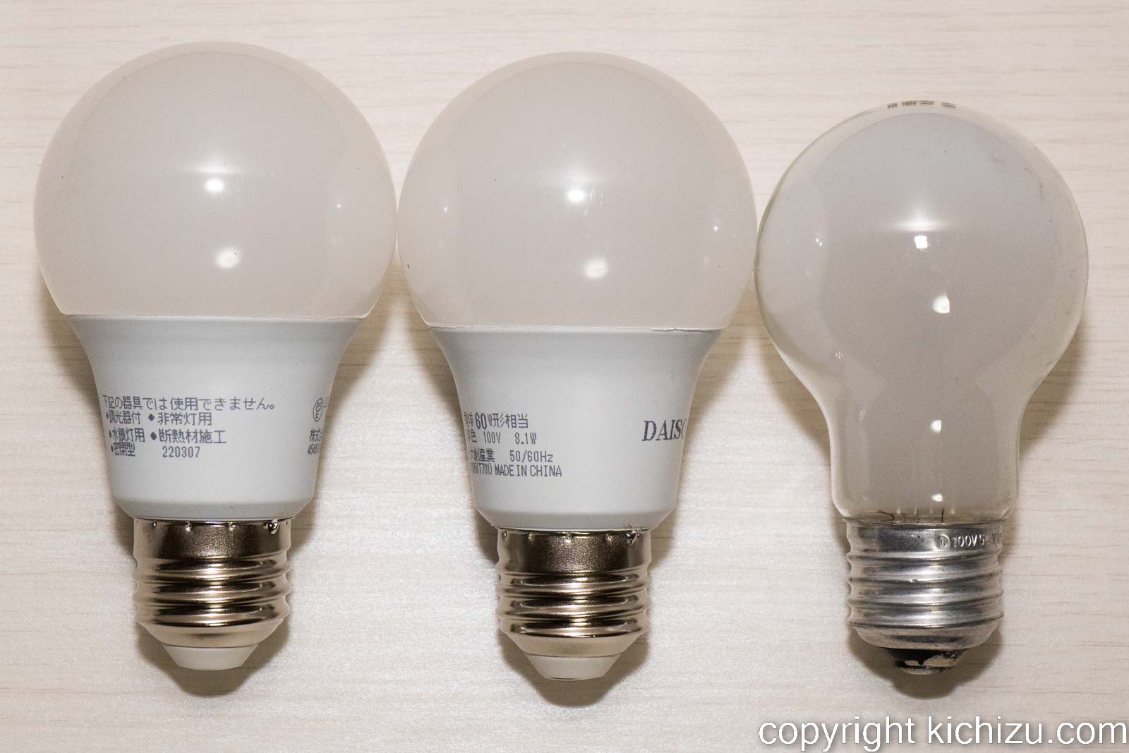 60 W LED 電球とシリカ・白熱電球との比較