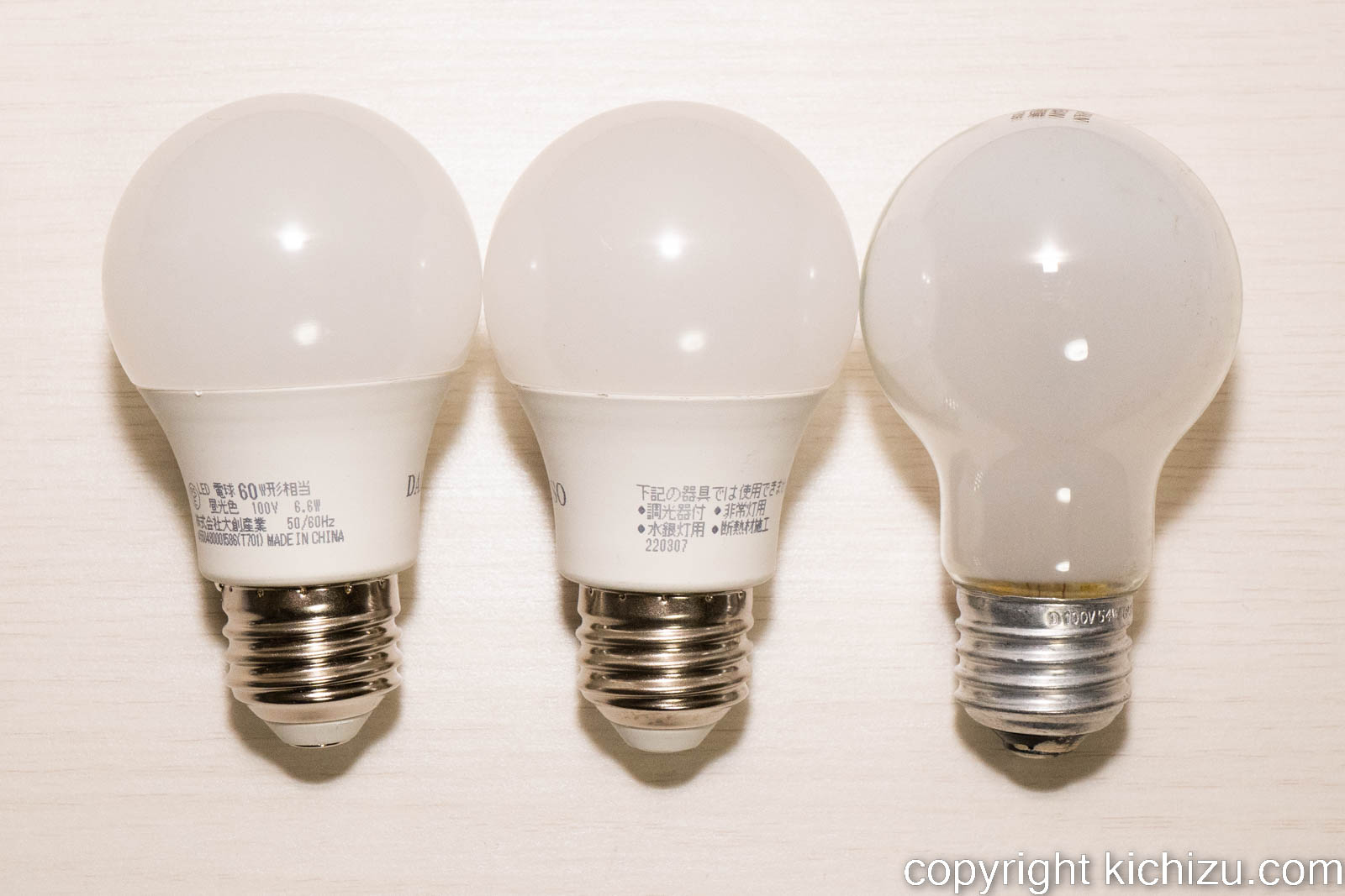 ダイソー60 W LED 電球とシリカ白熱電球との比較