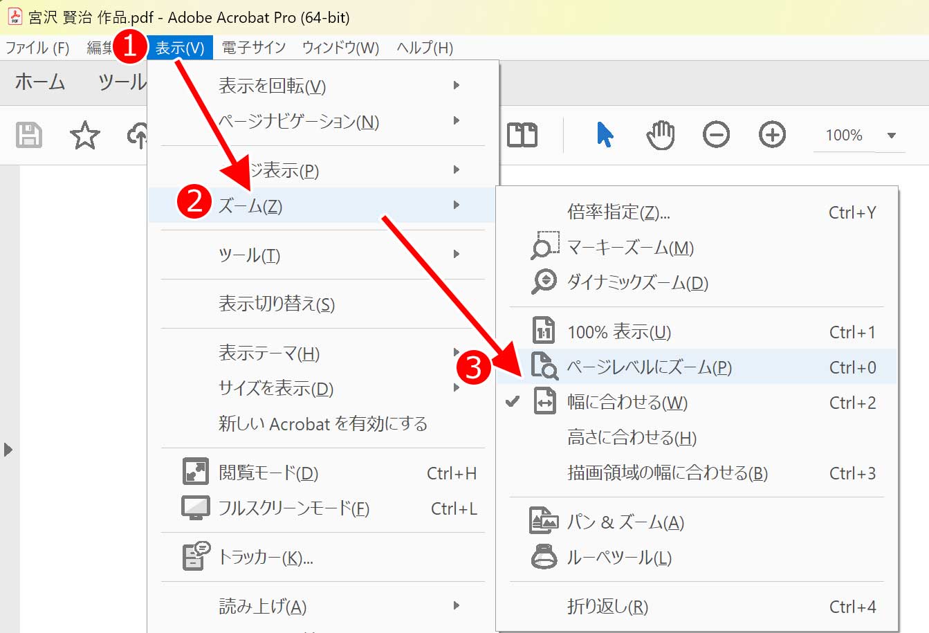 アクロバットのメニューからページレベルズームを選択