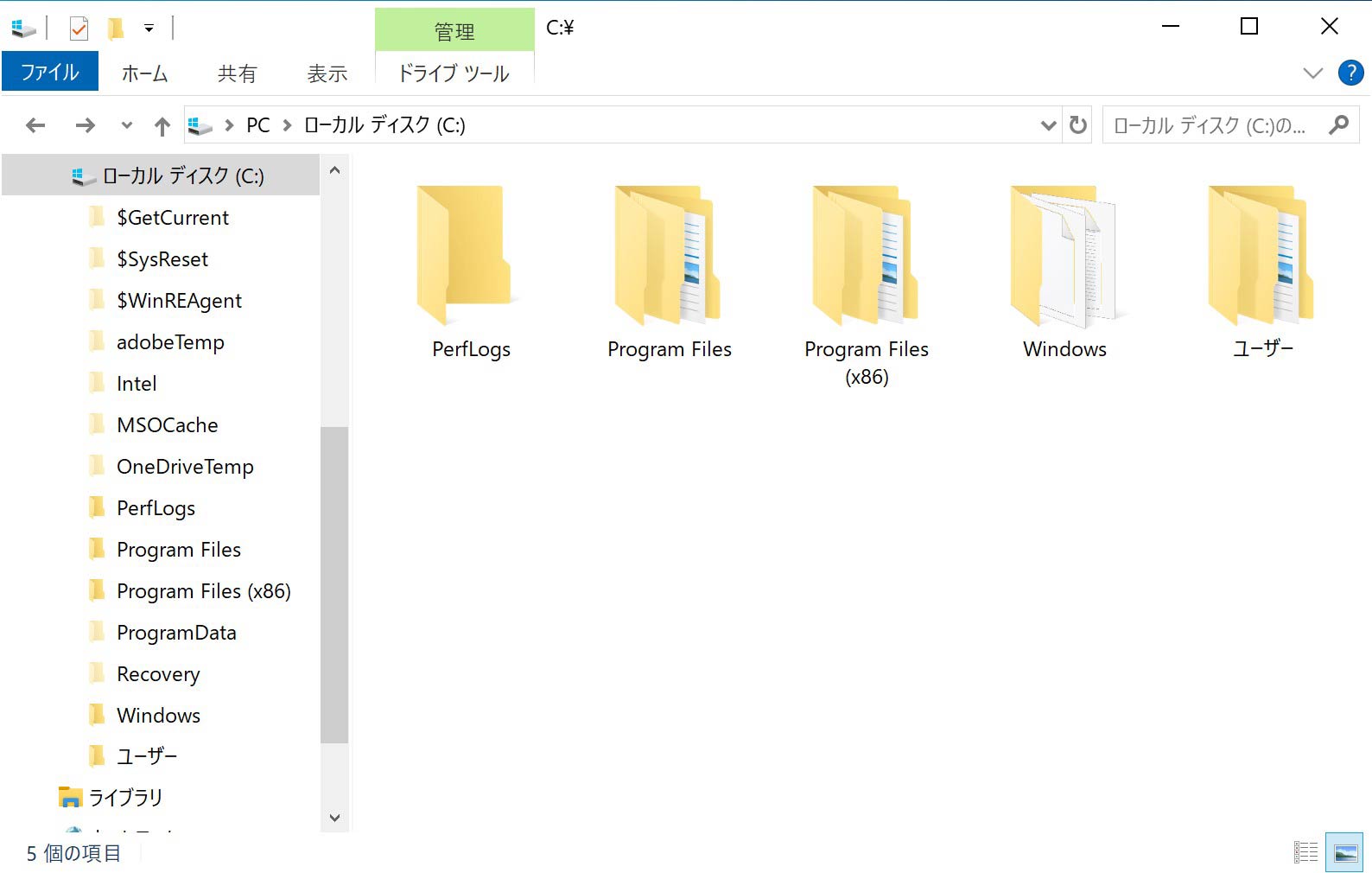 windows10で隠しファイルの設定がされてい状態