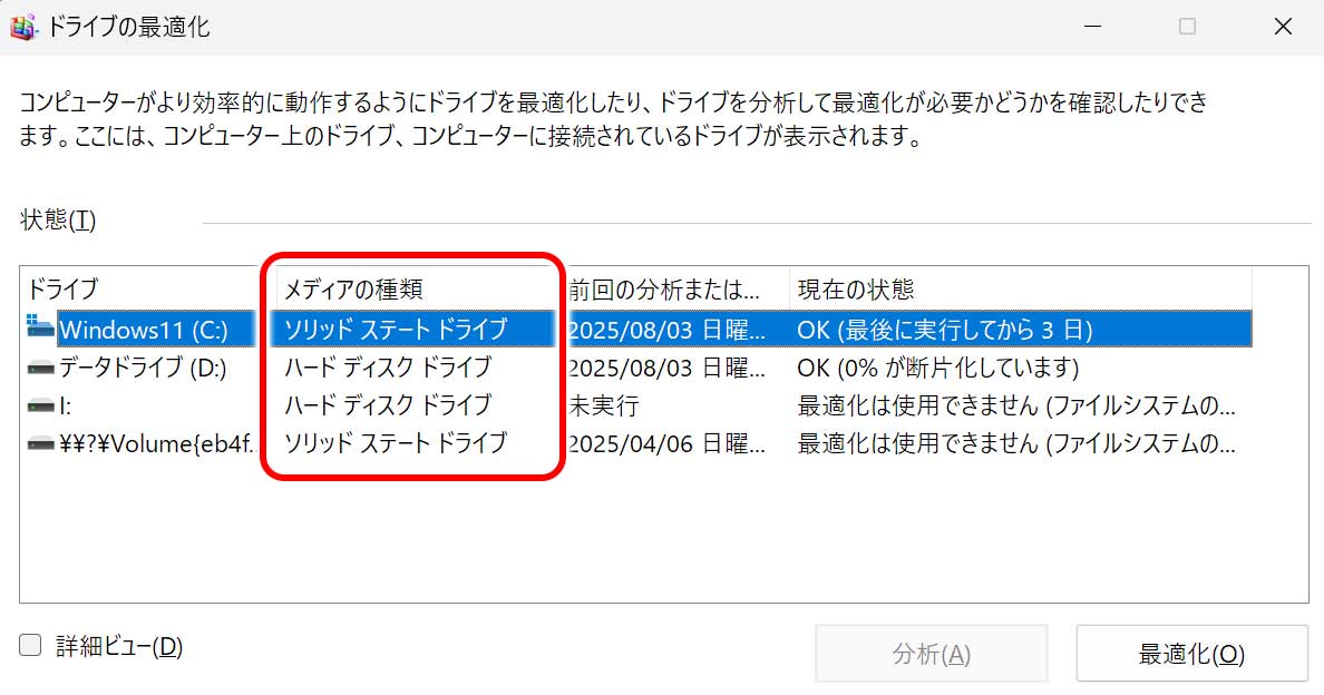 メディアの種類を確認する
