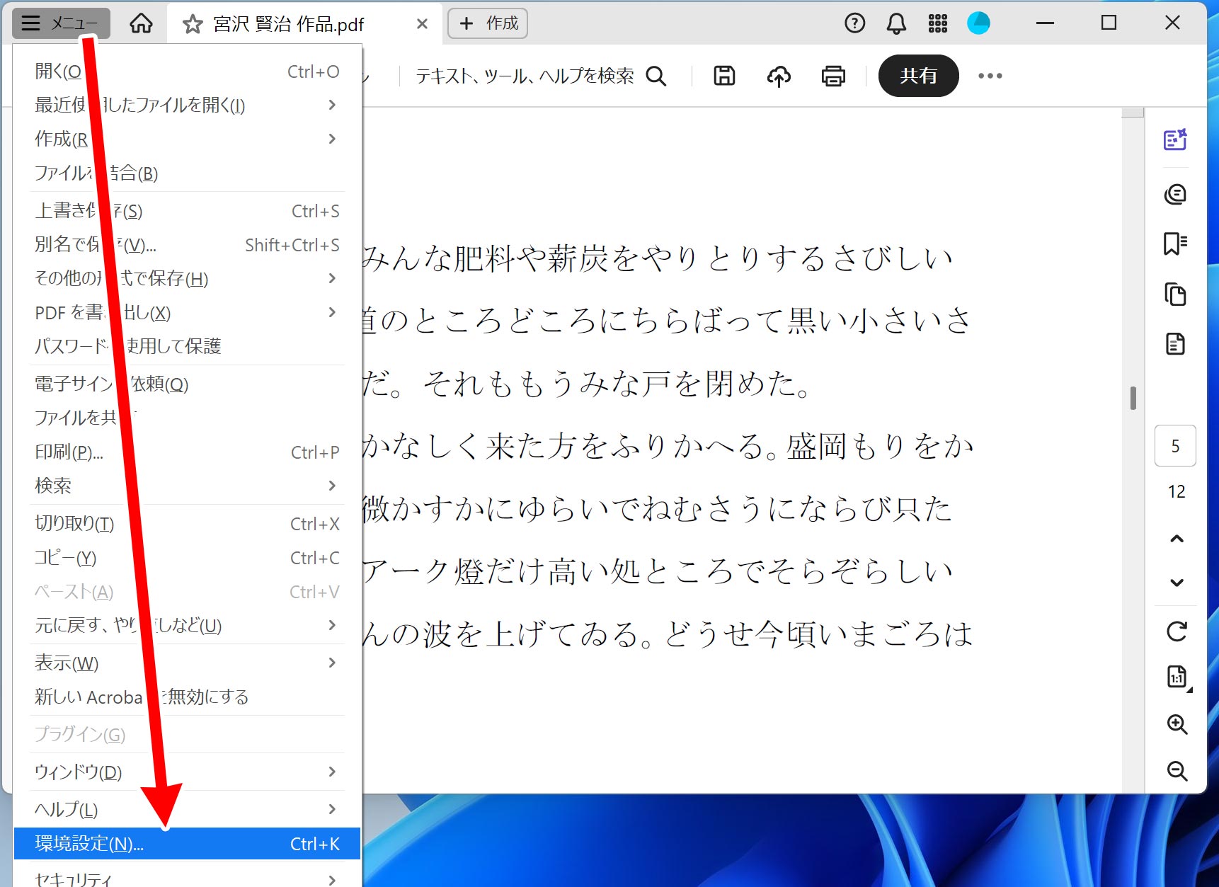 メニューから環境設定をクリック