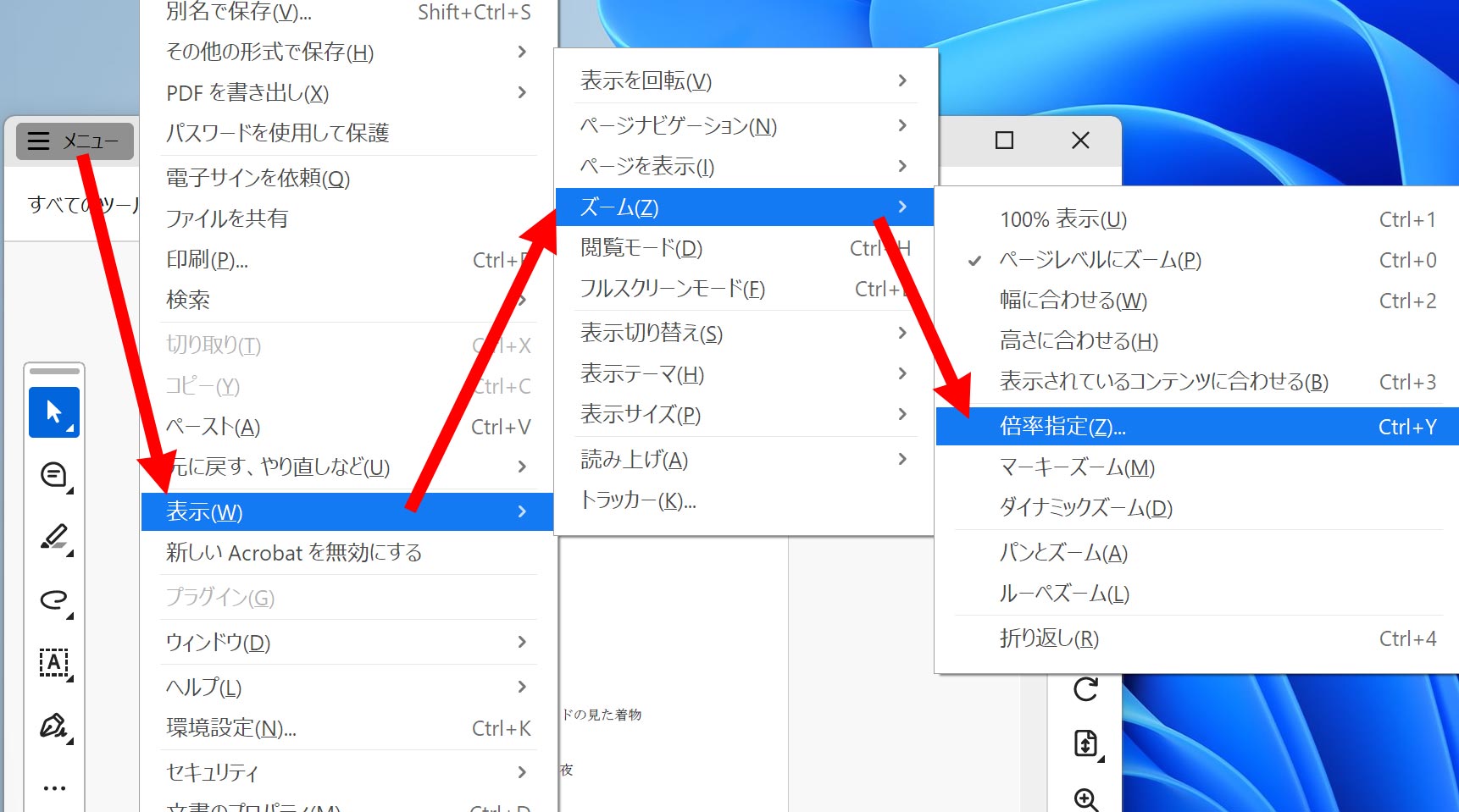 表示」メニューから倍率を変更