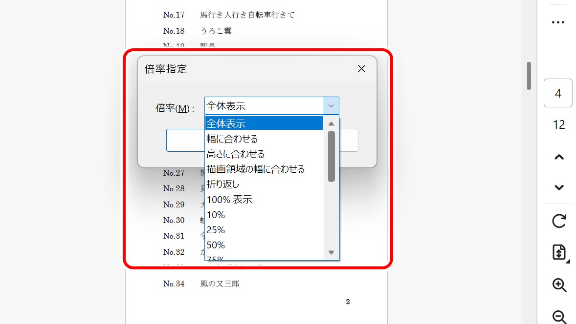 倍率設定のウィンドウ