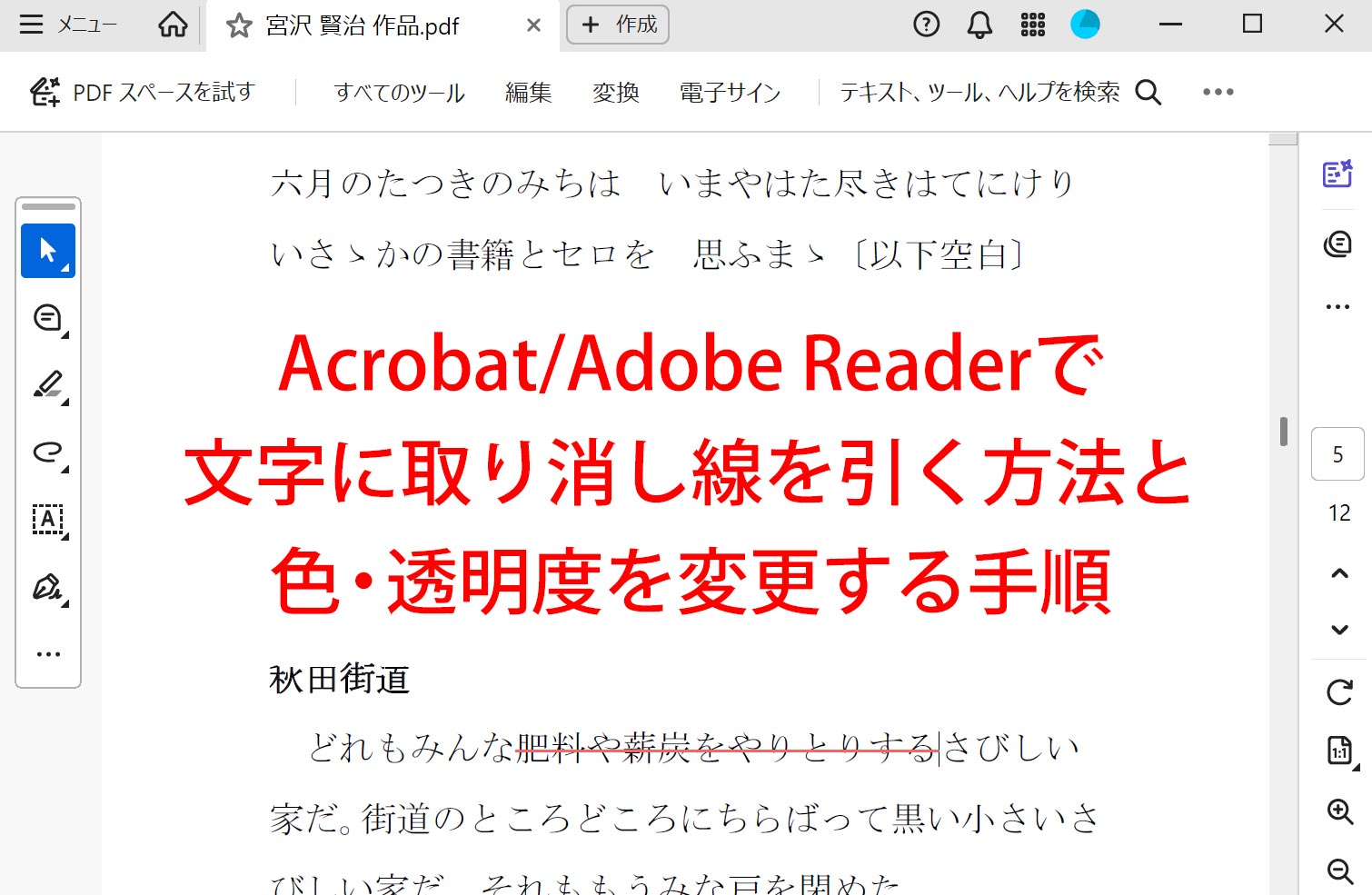 Acrobat/Adobe Readerで文字に取り消し線を引く方法と色・透明度を変更する手順