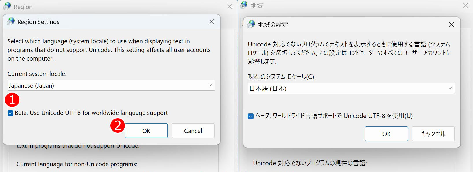 ワールドワイド言語サポートでUnicode UTF-8を使用にチェックを入れる