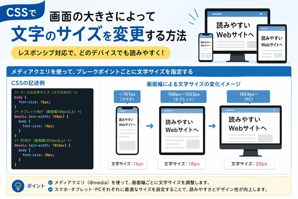 CSSで画面の大きさによって文字のサイズを変更する方法
