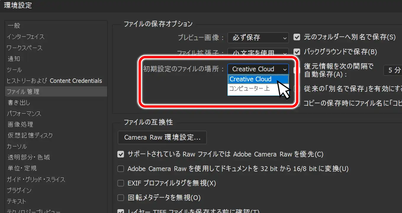 保存先の初期値をローカル側に変更