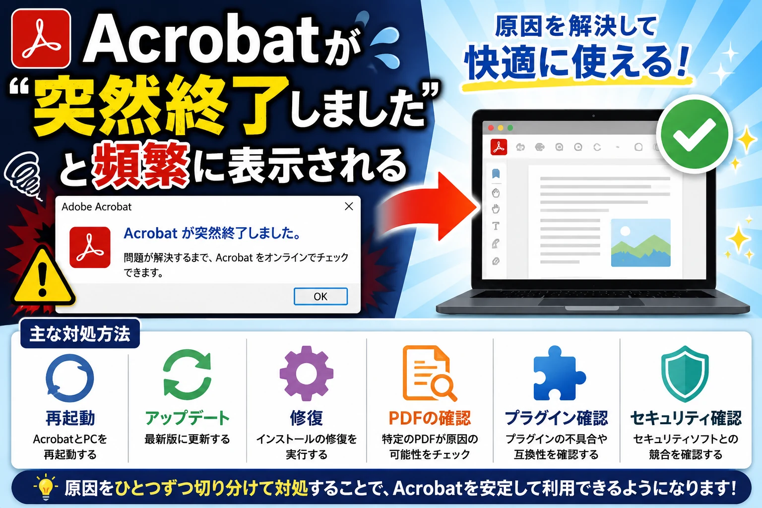 Acrobatが「突然終了しました」と何度も表示時の対応方法