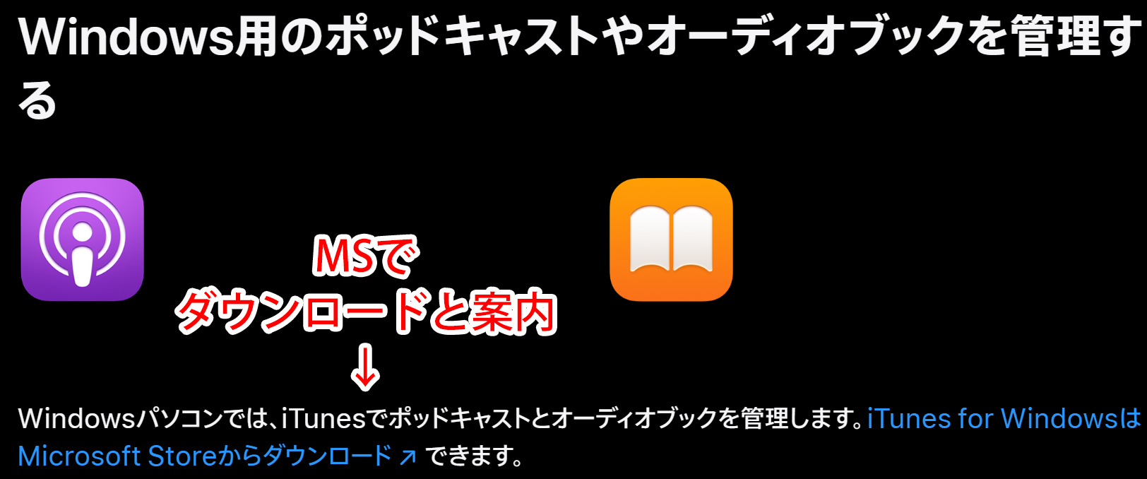 iTunes for WindowsをMicrosoft Storeから入手する記述